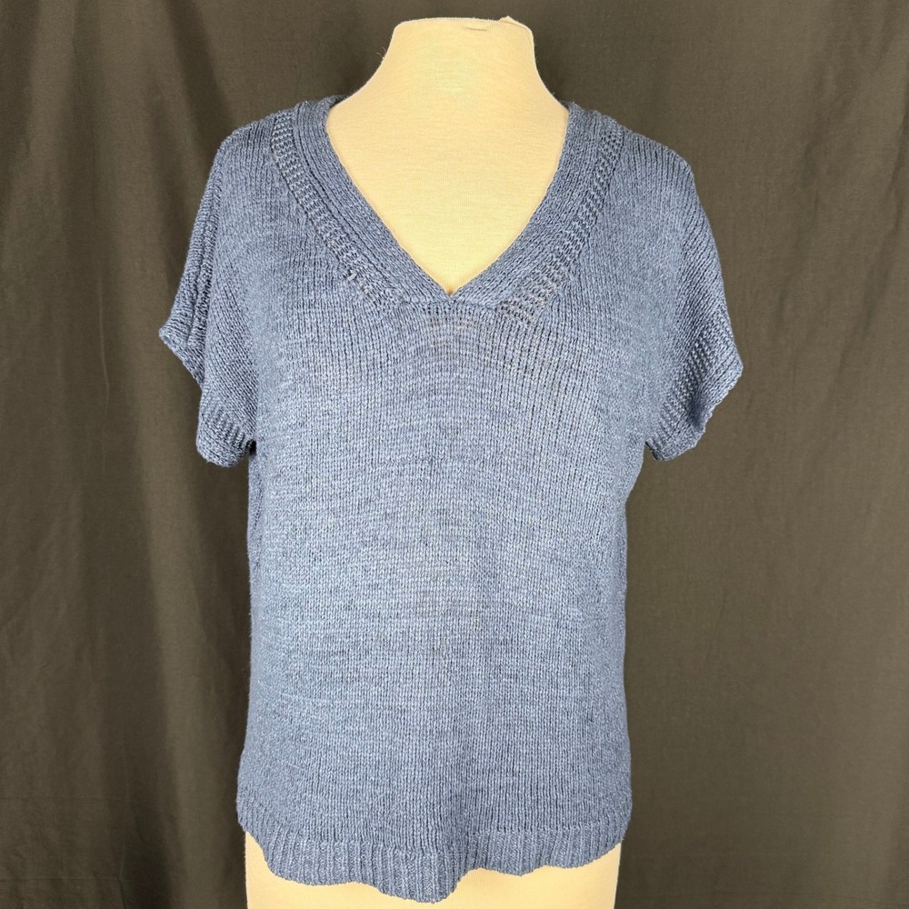 Cable & Gauge Navy Short Sleeve V-Neck Knit Sweater Top L EUC Coastal